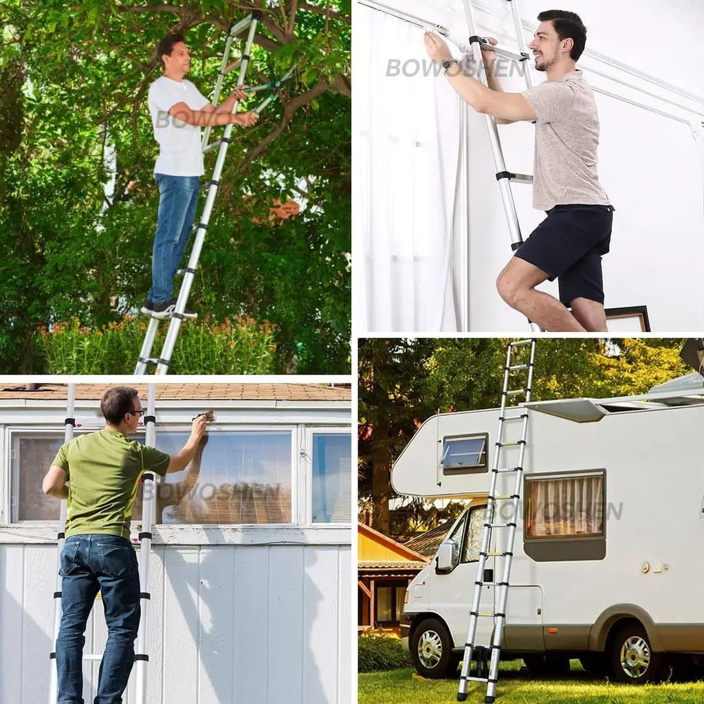 Silver telescoping extendable ladder with black safety buttons, shown in use outdoors and indoors.