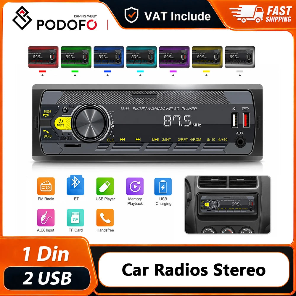 Podofo 1-DIN car radio stereo in black with LCD display, large volume knob, dual USB ports, and AUX input.