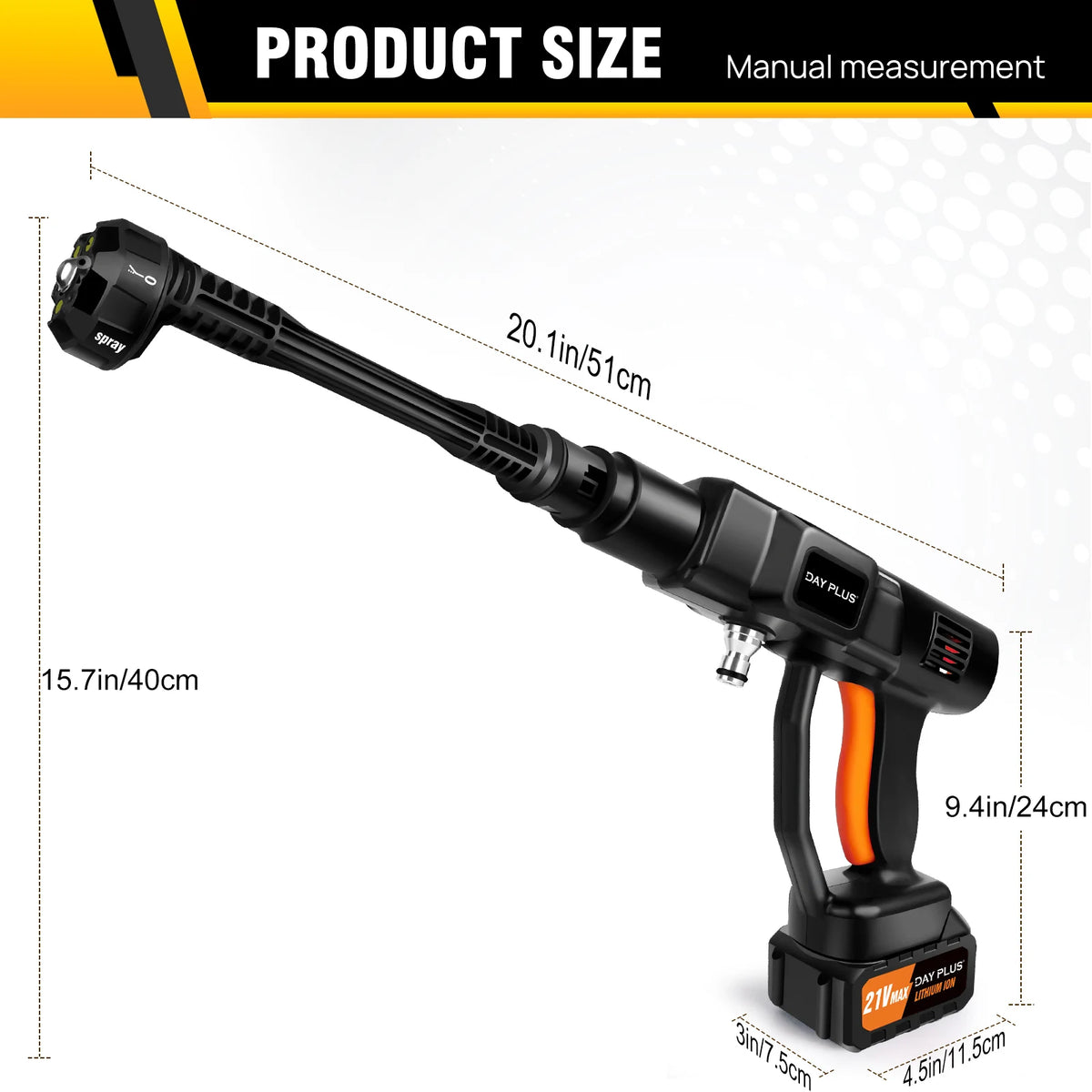 Black cordless pressure washer with an orange grip, 21V battery, and multi-angle nozzle with size dimensions.