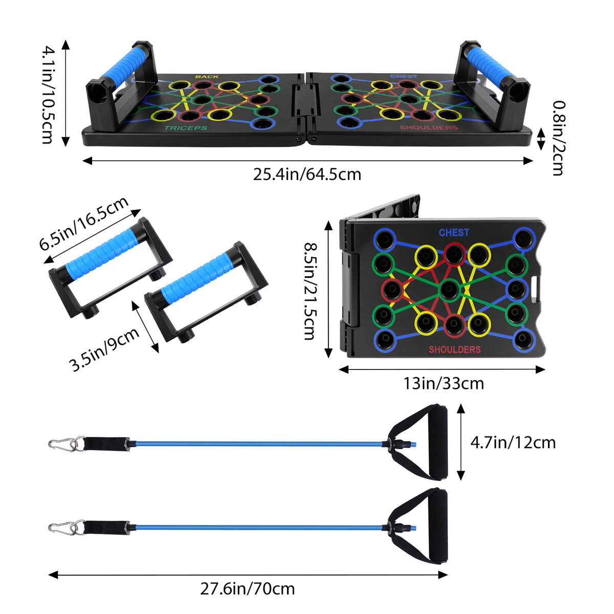 Black foldable push-up board with blue grip handles, color-coded muscle zones, and two blue resistance bands.