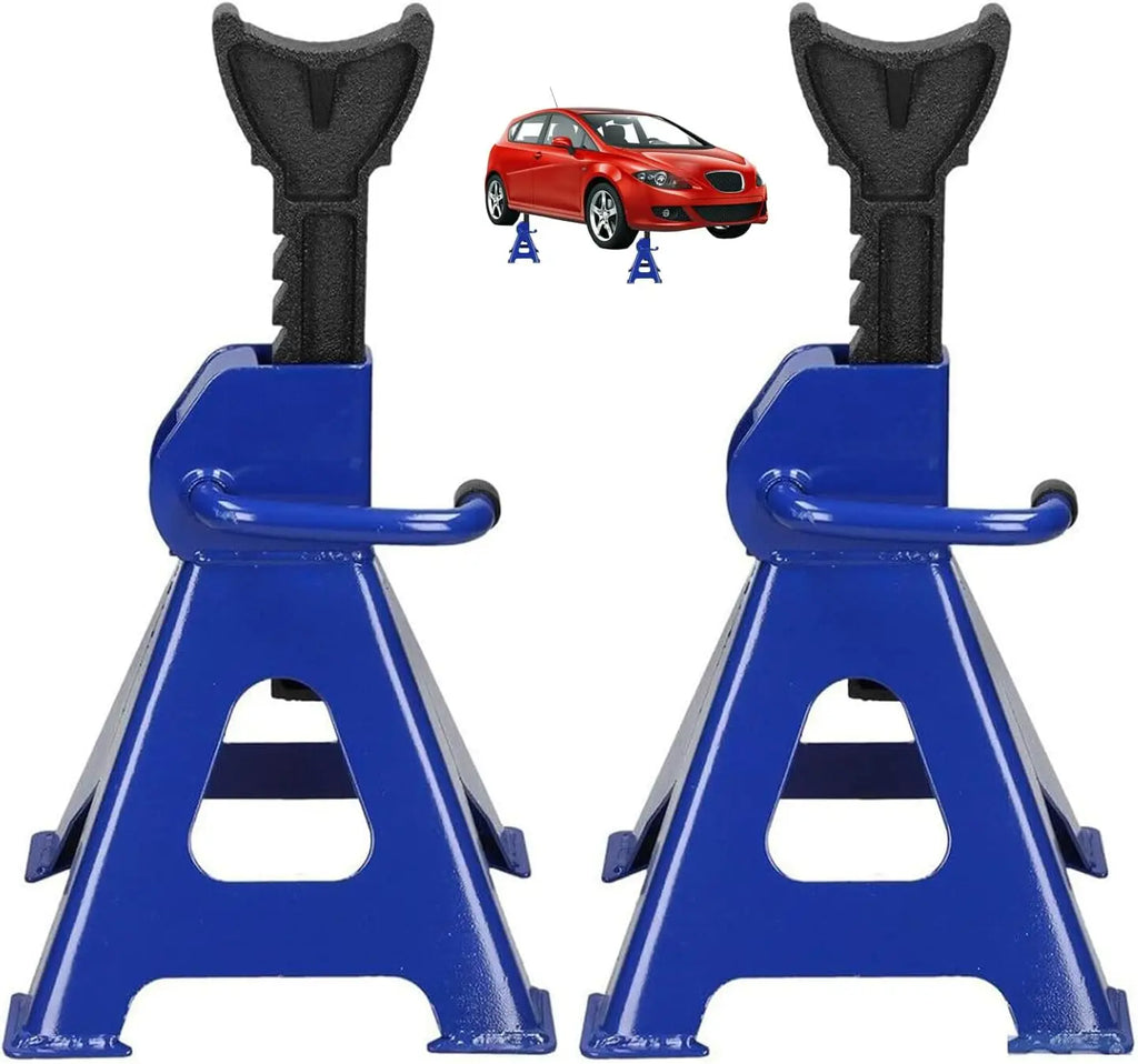 Two heavy-duty blue and black ratchet axle stands with a U-shaped handle and a small inset of a car on stands.