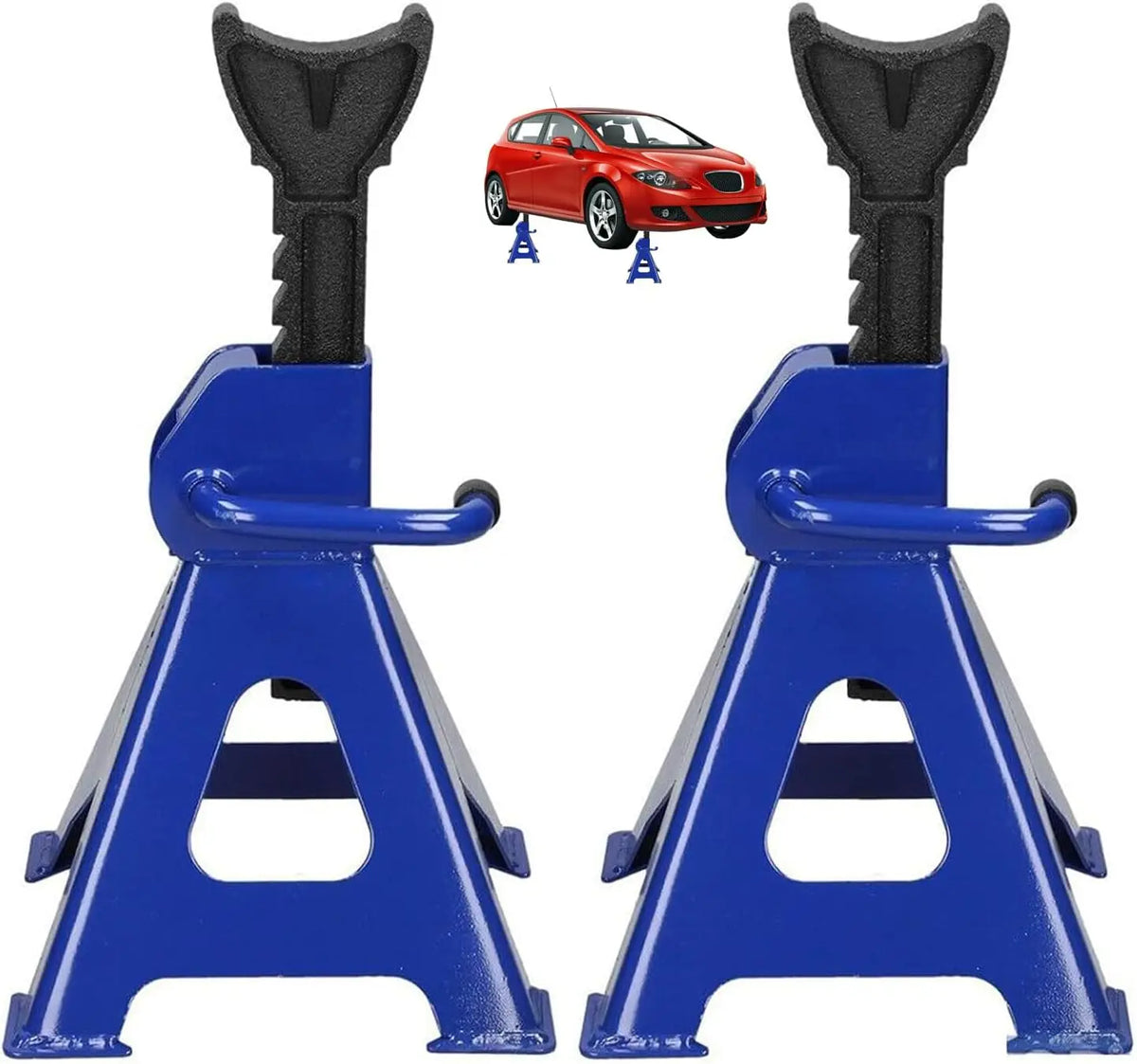 Two heavy-duty blue and black ratchet axle stands with a U-shaped handle and a small inset of a car on stands.