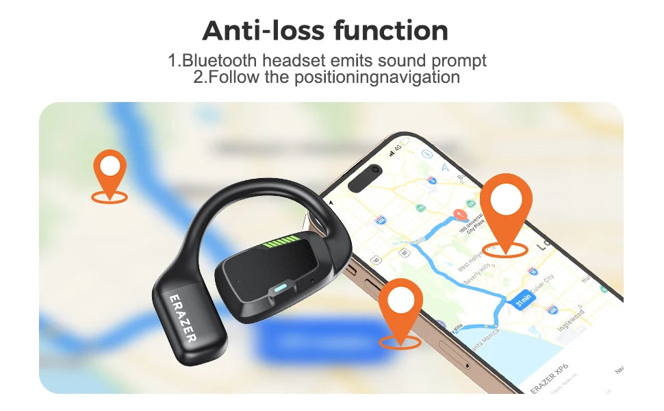 Black open-ear Bluetooth headset with ear hook, shown with a smartphone map app for anti-loss navigation.