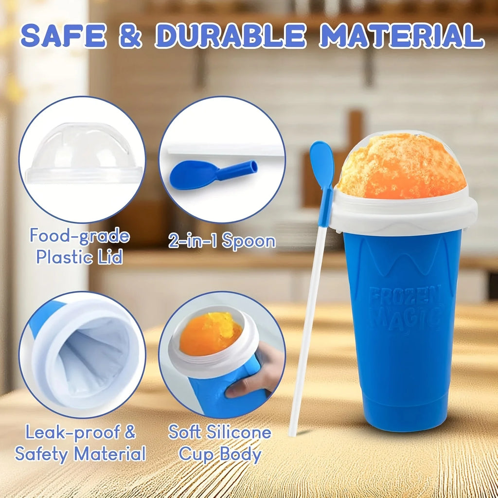 Blue silicone slushy maker cup with clear lid, spoon-straw, and interior freezing chamber. Shown in use with a slushy.