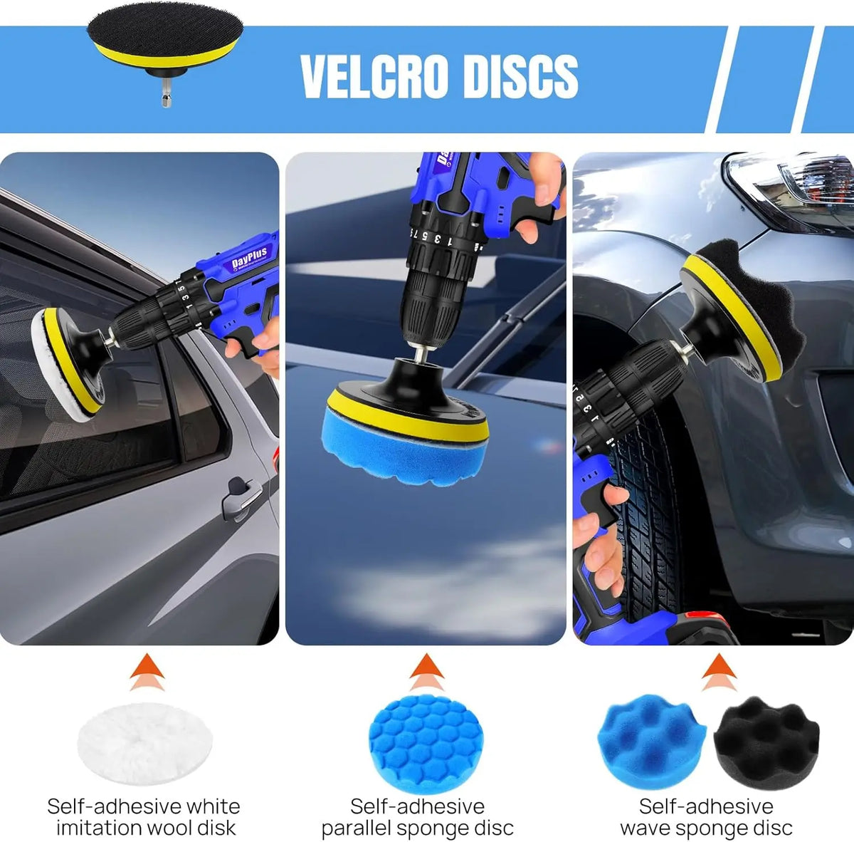 Velcro car polishing discs in white, blue, and black mounted on a cordless drill polishing a car.