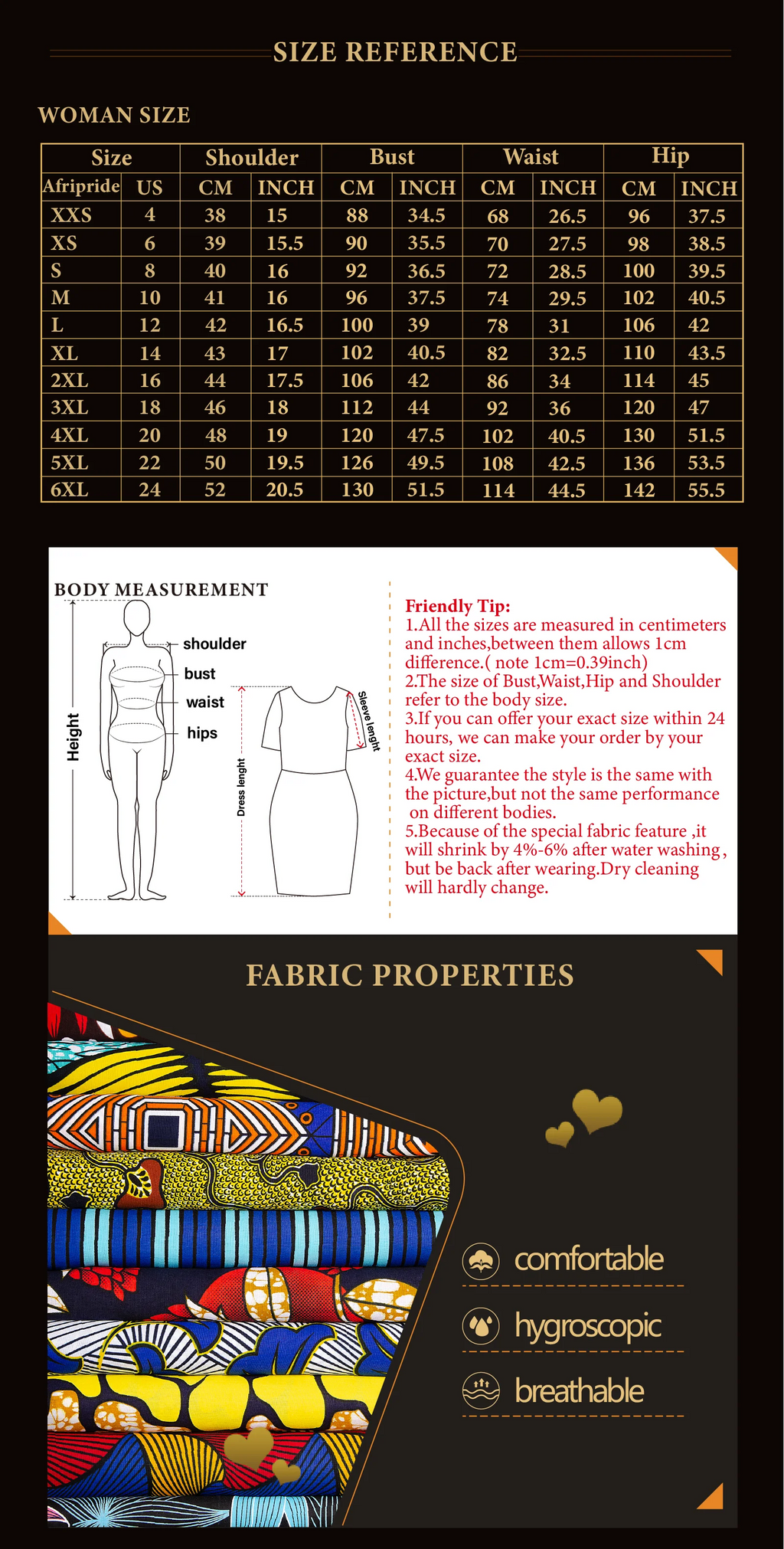 Womenswear size guide featuring body measurement chart, fabric properties, and colourful patterned textile samples.