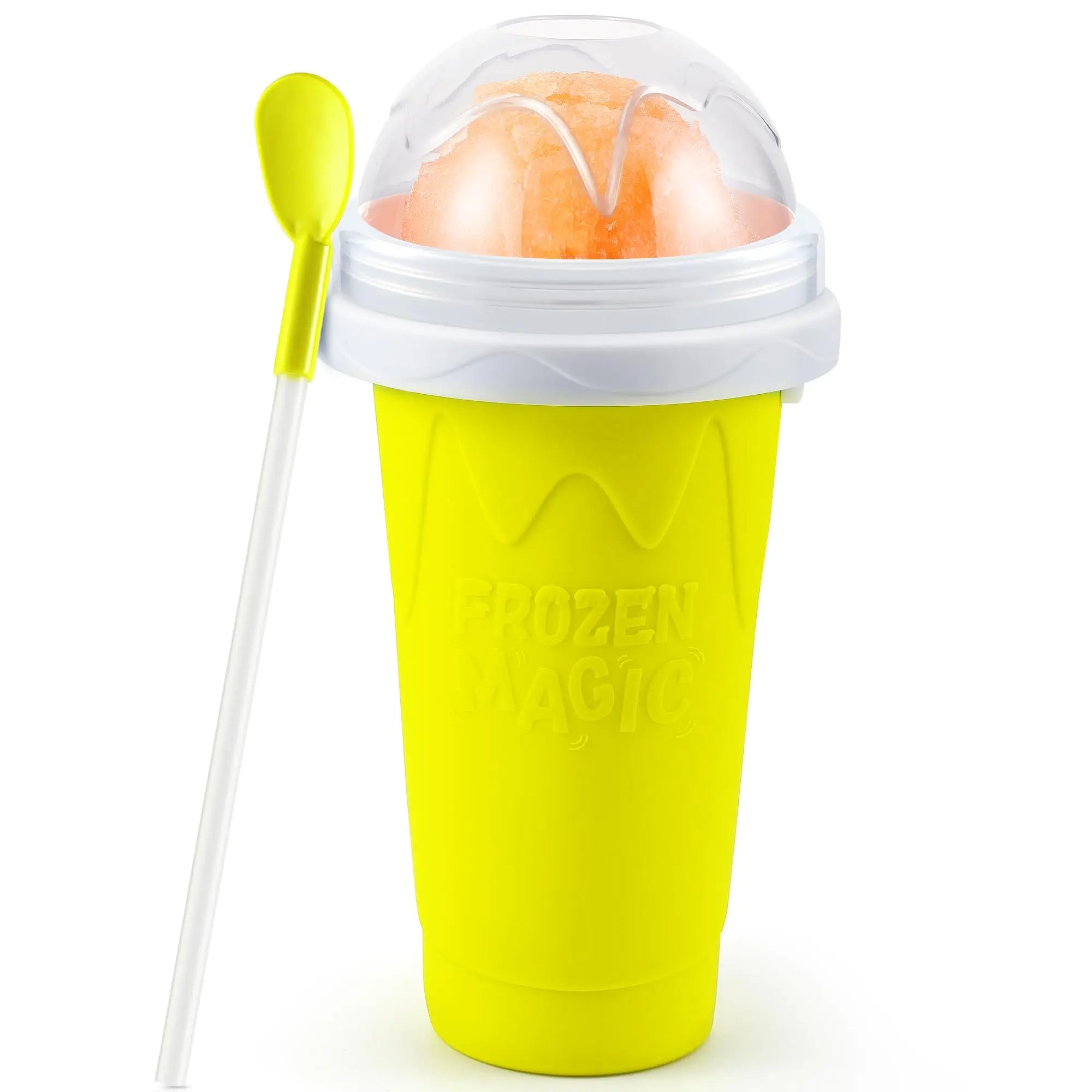 Bright yellow slushy squeeze cup with a clear domed lid, orange slush, and a matching yellow spoon-straw.