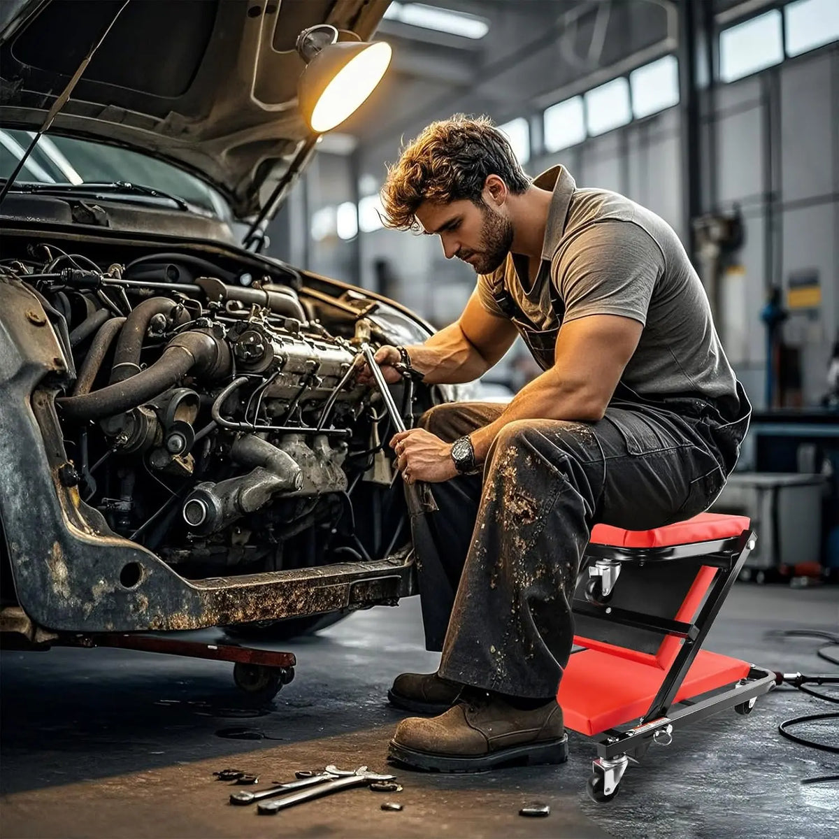 Red and black 2-in-1 folding car creeper and mechanic stool with swivel wheels, used by a mechanic in a garage.