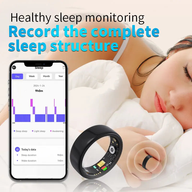 A sleek, black smart health ring shown with a smartphone app displaying sleep tracking data and metrics.