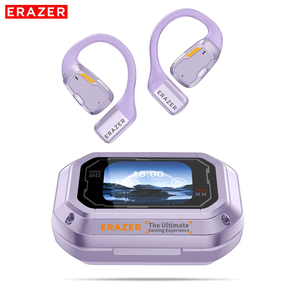 Light purple open-ear wireless earbuds with a matching charging case featuring a digital display screen.