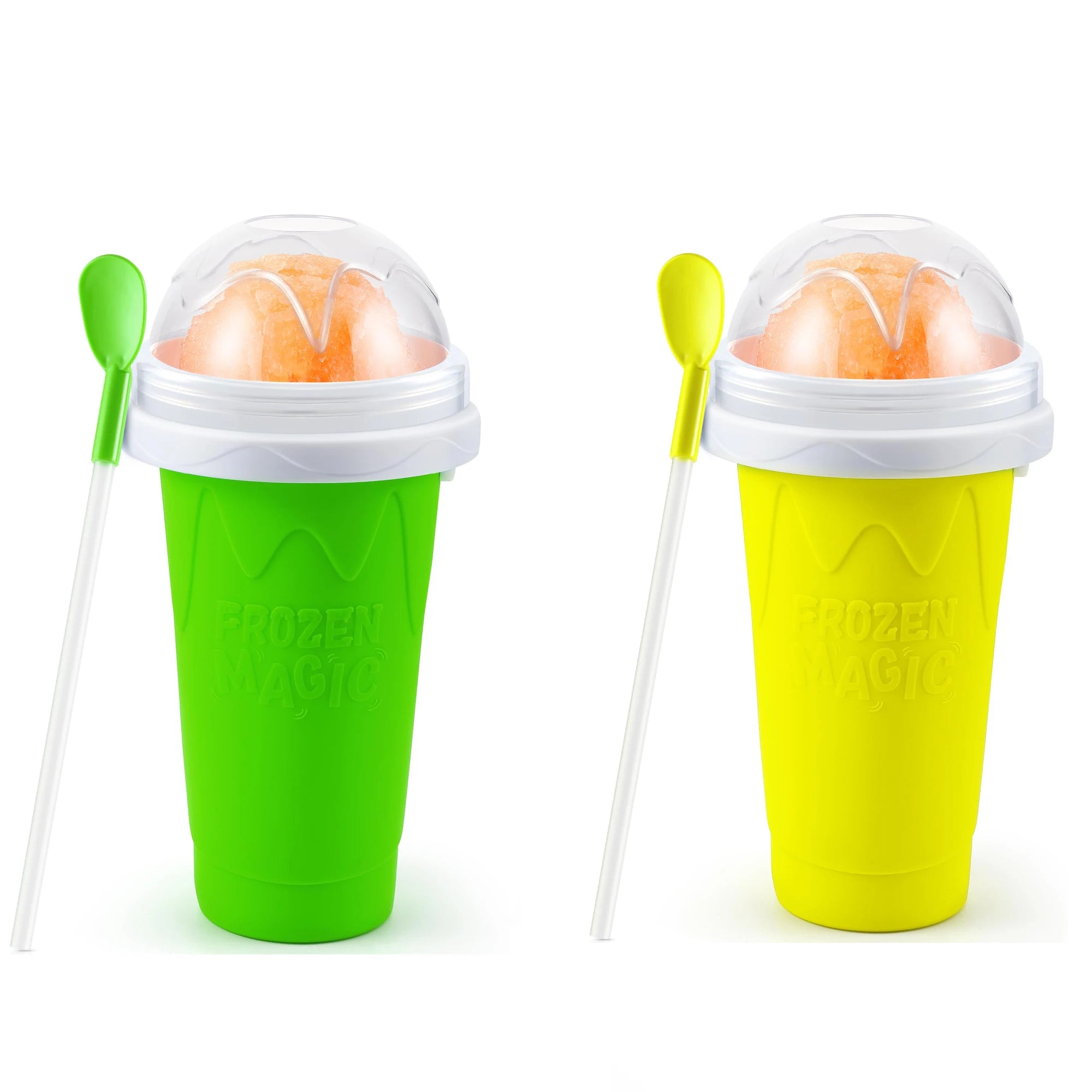 Two bright green and yellow DIY slushy maker cups with clear dome lids, white straw spoons, and frozen orange slush.