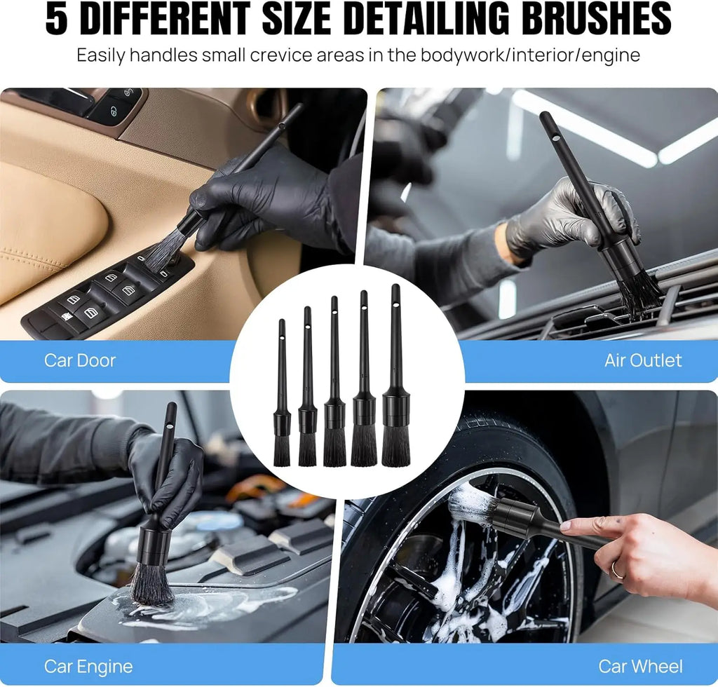 Five black detailing brushes of varying sizes shown cleaning a car's door, air outlet, engine, and wheel.