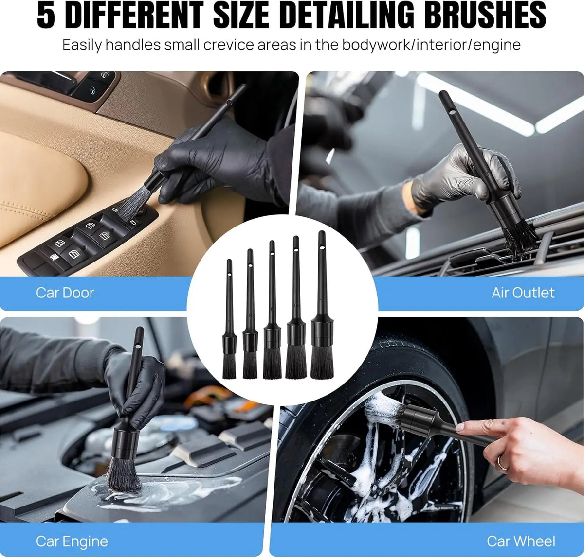 Five black detailing brushes of varying sizes shown cleaning a car's door, air outlet, engine, and wheel.