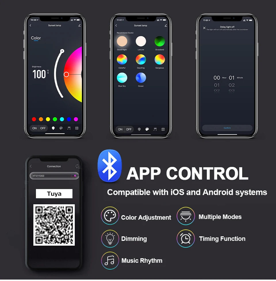 Three smartphones display a smart sunset lamp app interface with features for colour, mode, dimming, and scheduling.