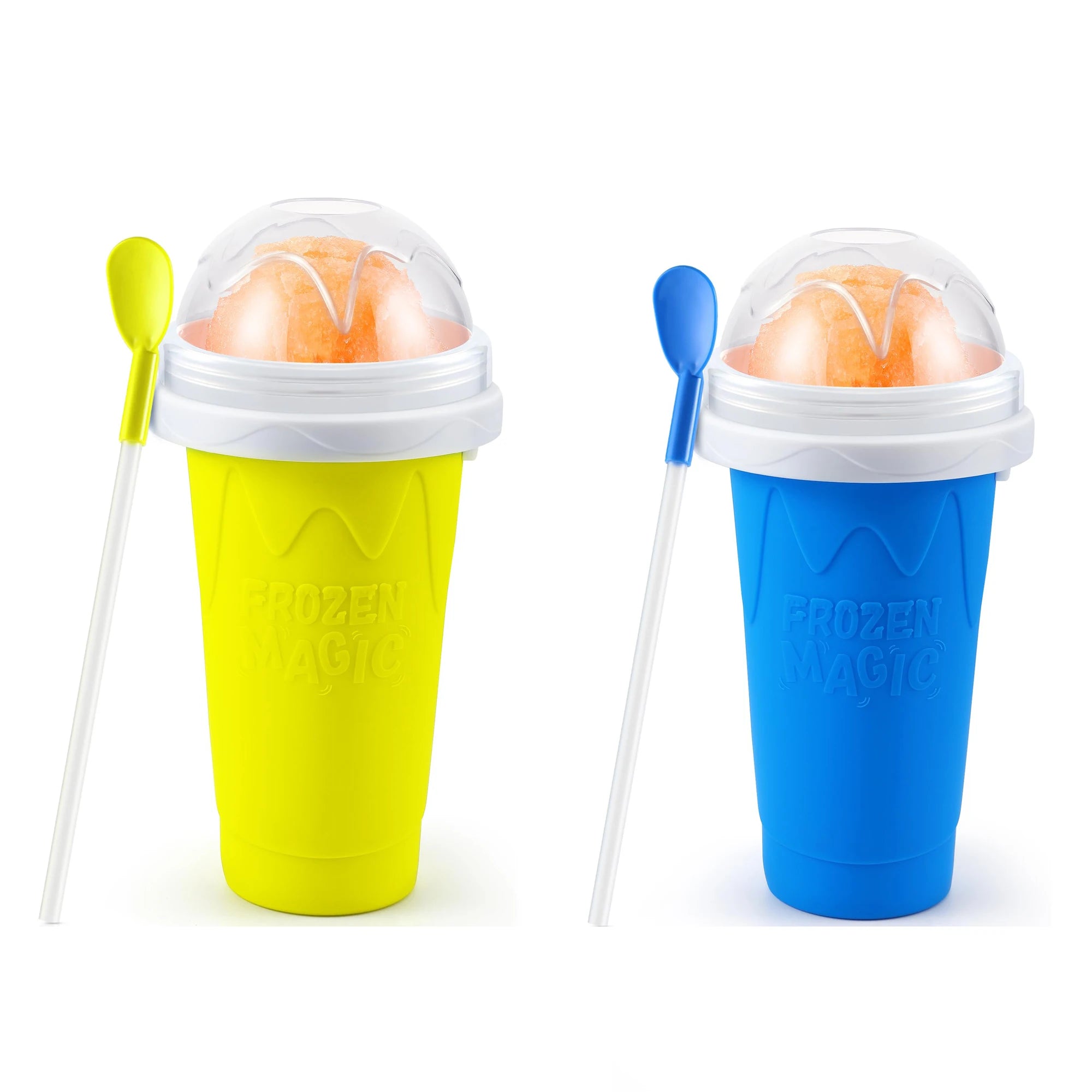 Two bright yellow and blue DIY slushy squeeze cups with dome lids, each featuring a matching spoon-straw.