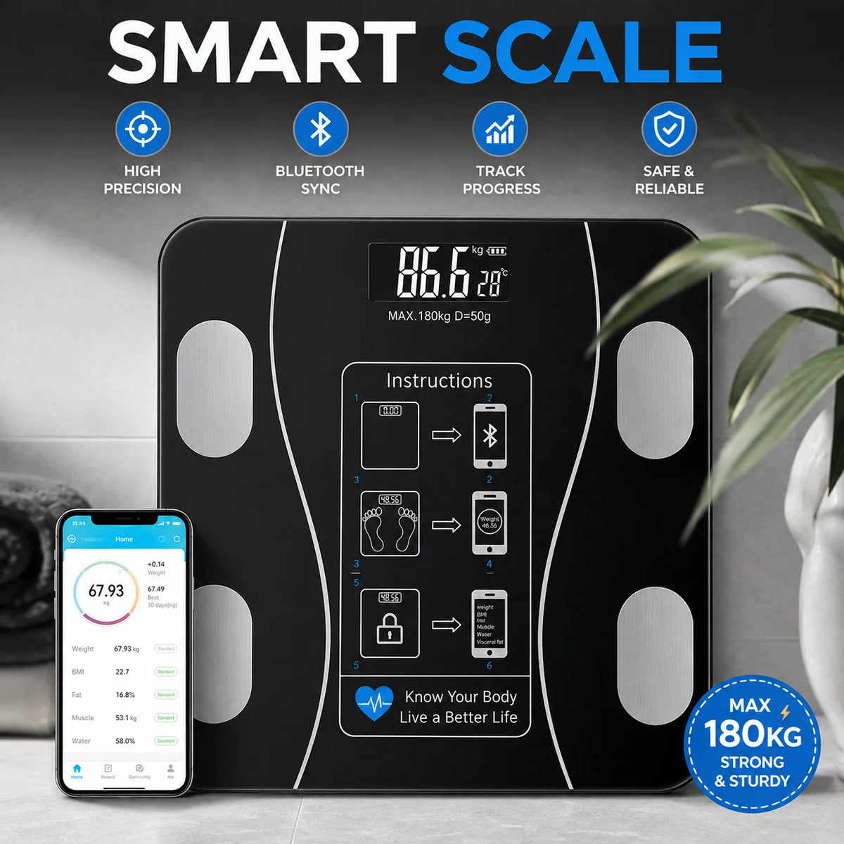 Black smart digital body fat scale with silver electrode pads and a bright LCD display, paired with a mobile app.
