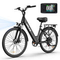 Black Urlife commuter e-bike with 26-inch tires, rear rack, disc brakes, and inset LCD display panel.
