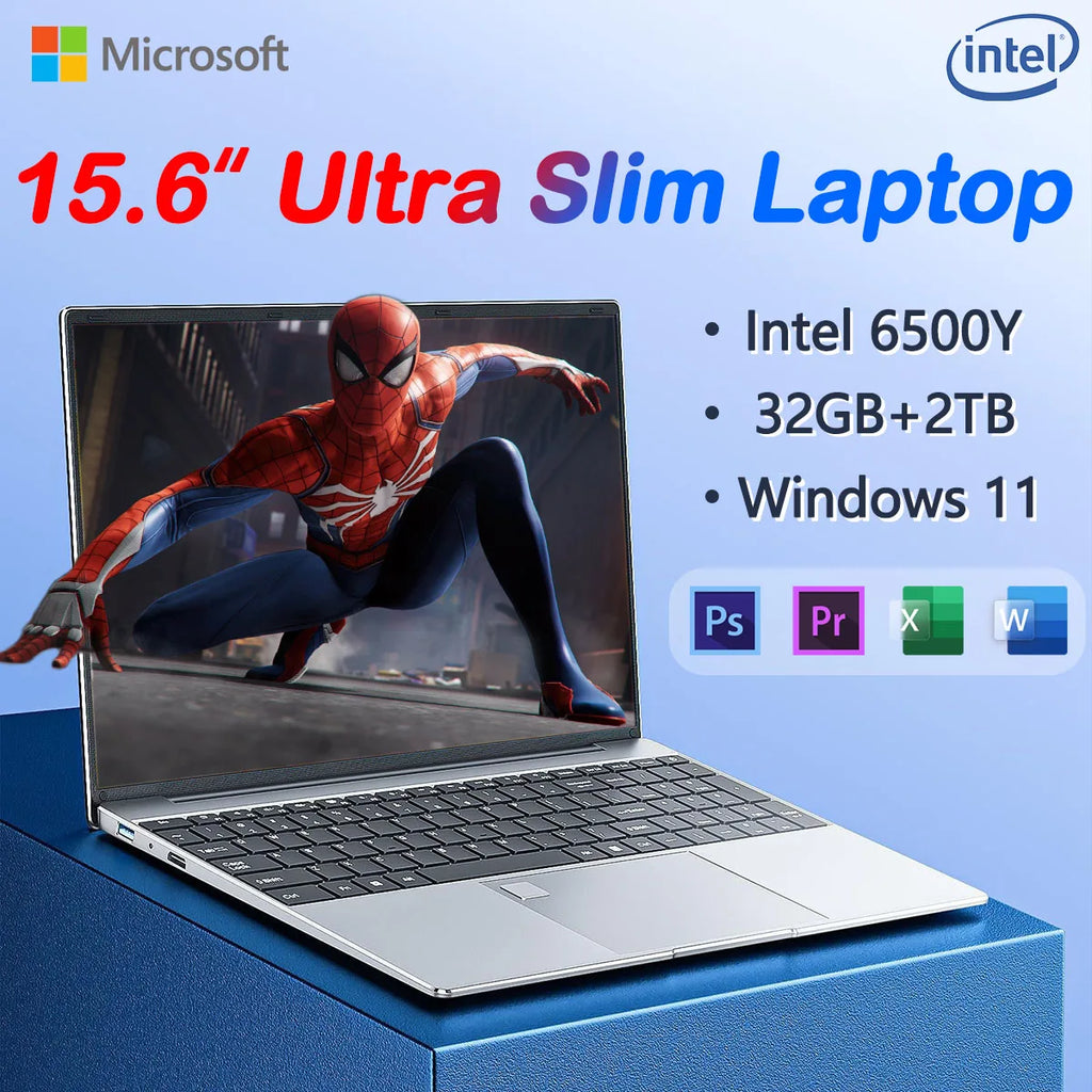 Silver 15.6-inch ultra-slim laptop with a black keyboard, displaying Spider-Man on screen. 32GB RAM, 2TB SSD, Windows 11.