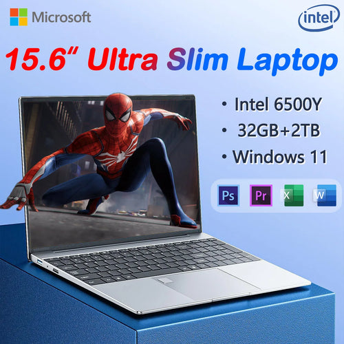 Silver 15.6-inch ultra-slim laptop with a black keyboard, displaying Spider-Man on screen. 32GB RAM, 2TB SSD, Windows 11.