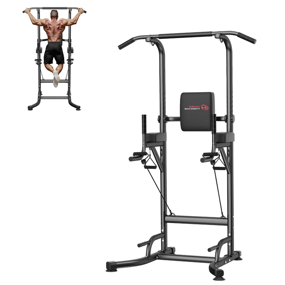 Black multi-function power tower with pull-up bar, dip handles, backrest, and resistance bands.
