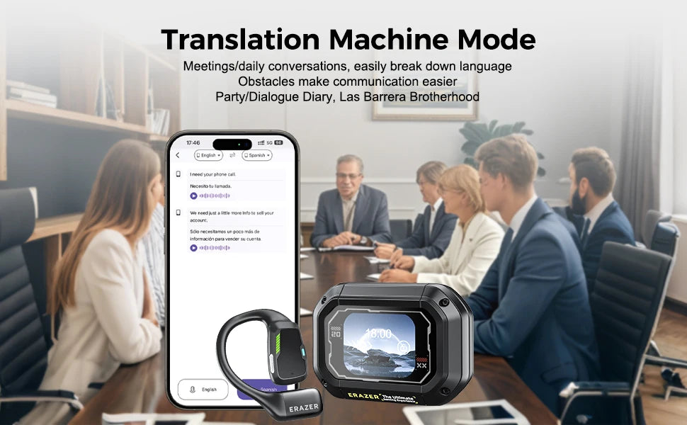 A black wireless translation earbud and its rugged, square charging case displayed over a meeting room background.