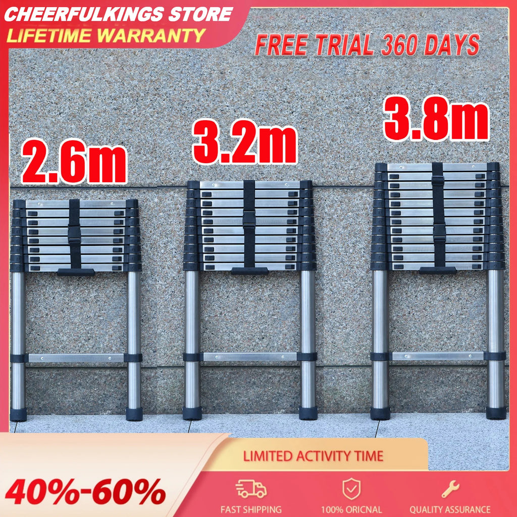 Three silver telescoping ladders retracted to different heights (2.6m, 3.2m, 3.8m) with black safety buttons.