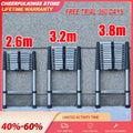 Three silver telescoping ladders retracted to different heights (2.6m, 3.2m, 3.8m) with black safety buttons.