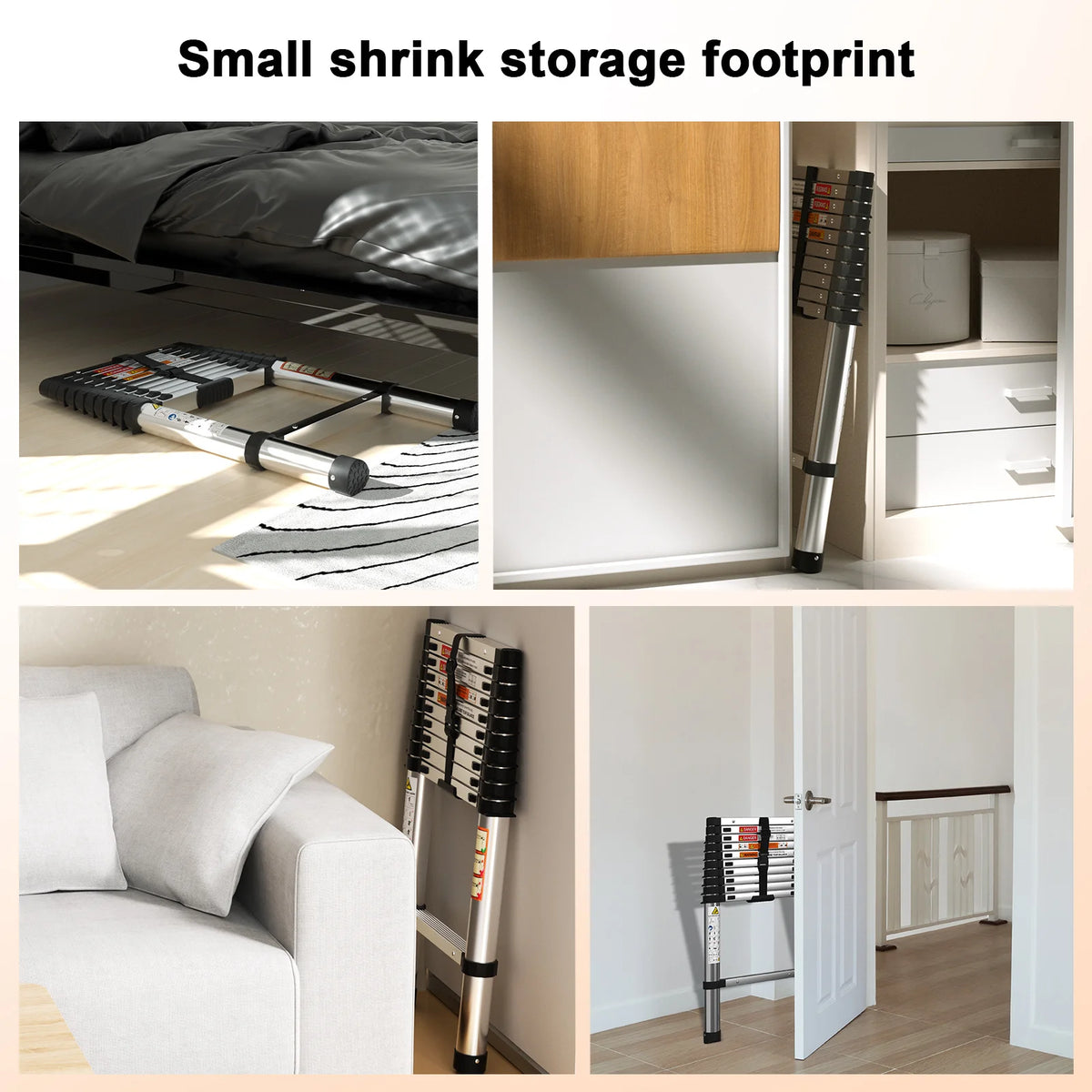 Silver telescoping ladder shown fully collapsed and stored compactly in four different home locations.