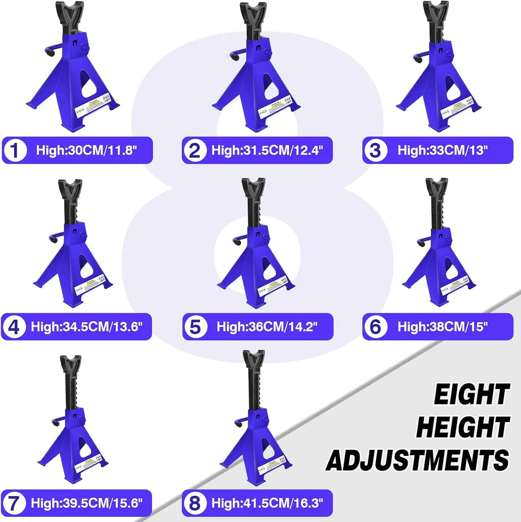 Blue heavy-duty ratchet jack stand showing eight adjustable height settings from 30cm to 41.5cm.