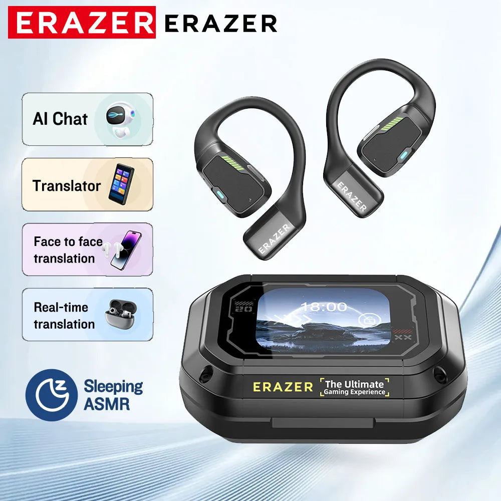 Black open-ear wireless earbuds and a sleek, rugged charging case with a digital display screen.