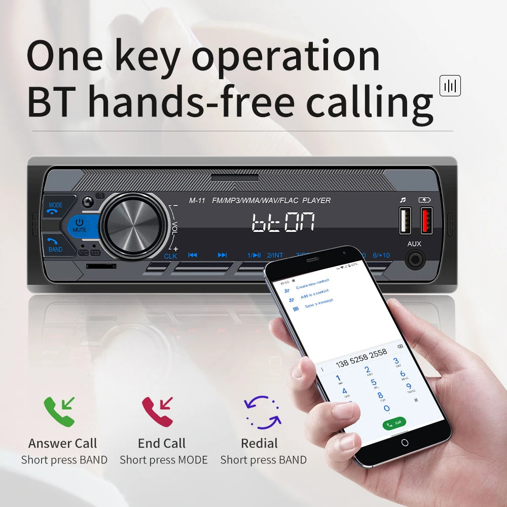 Podofo 1 DIN car stereo radio with black panel, rotary volume knob, digital LCD display, dual USB ports, and AUX jack.