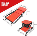 Red and black 2-in-1 folding car creeper and mechanic stool with padded cushions and swivel wheels.