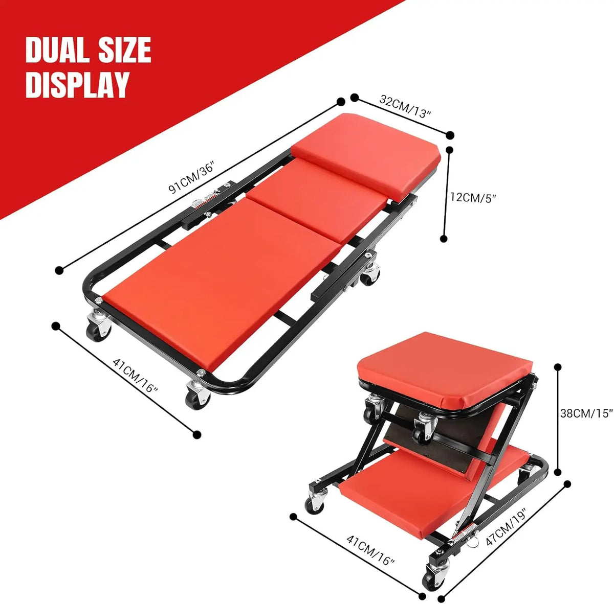 Red and black 2-in-1 folding car creeper and mechanic stool with padded cushions and swivel wheels.