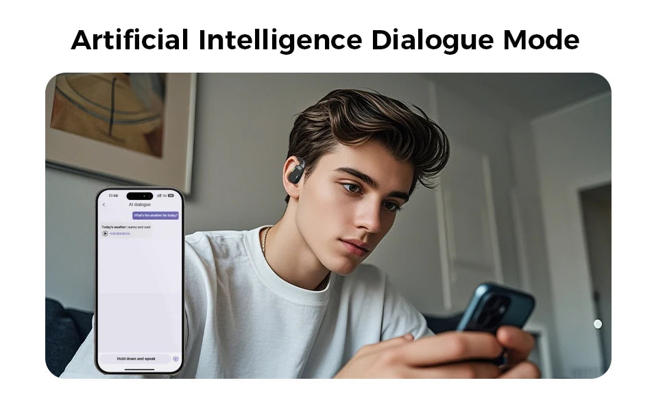 A man wearing a sleek black, ear-cuff style wireless earbud while using an AI dialogue app on his smartphone.