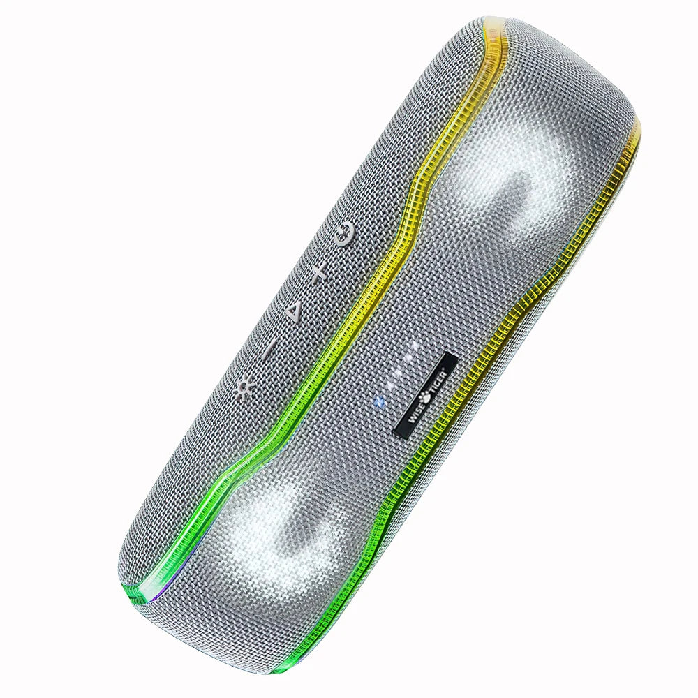 Silver, cylindrical portable Bluetooth speaker with integrated colourful LED light strips and textured fabric finish.