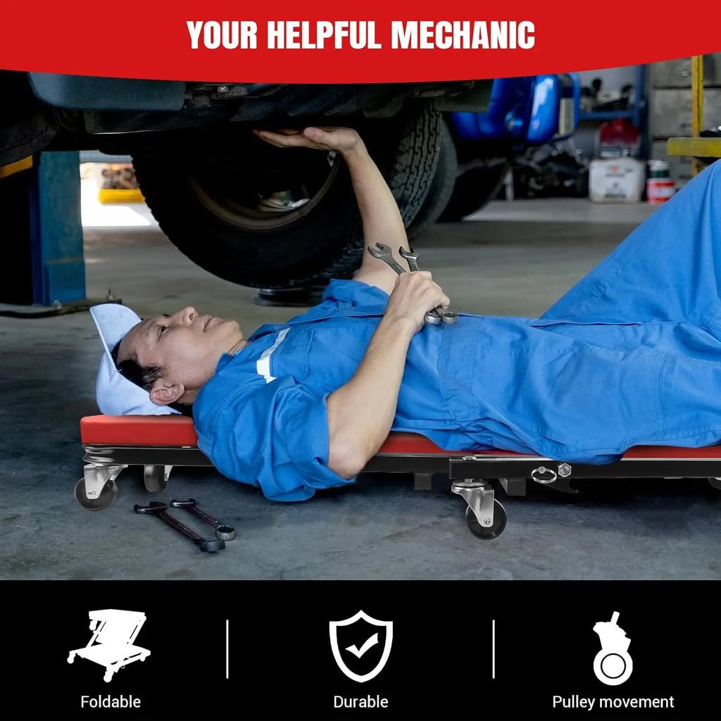 Red and black 2-in-1 folding car creeper with swivel wheels, supporting a mechanic under a vehicle.