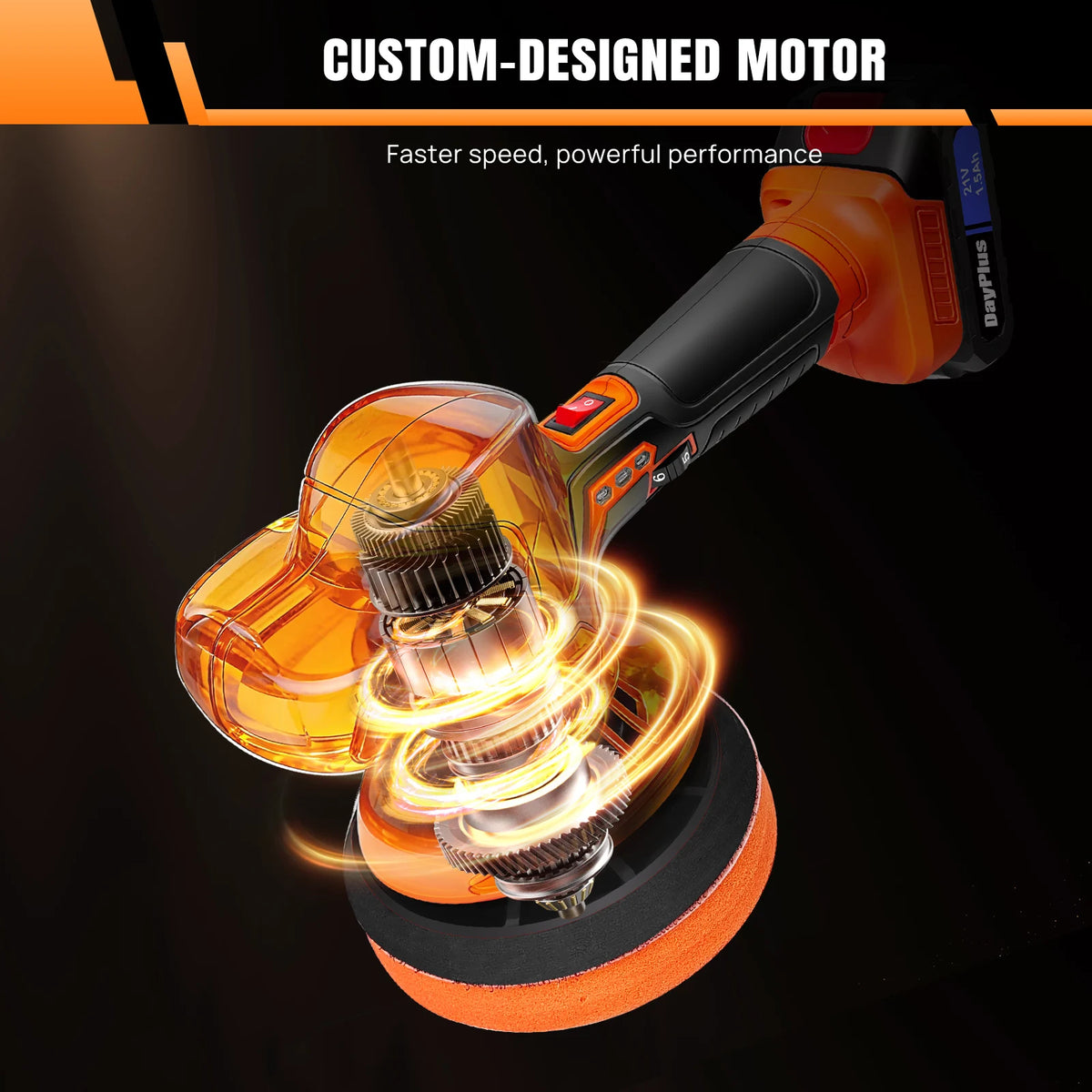 Orange and black cordless car polisher with visible internal motor gears and an orange polishing pad.