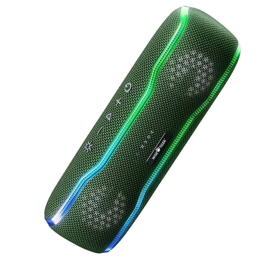 Green portable waterproof Bluetooth speaker featuring a glowing LED light strip and textured fabric finish.