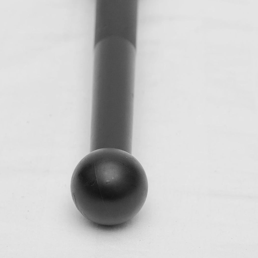Matte black Indian clubbell with a smooth spherical end and cylindrical handle, set against a plain light background.
