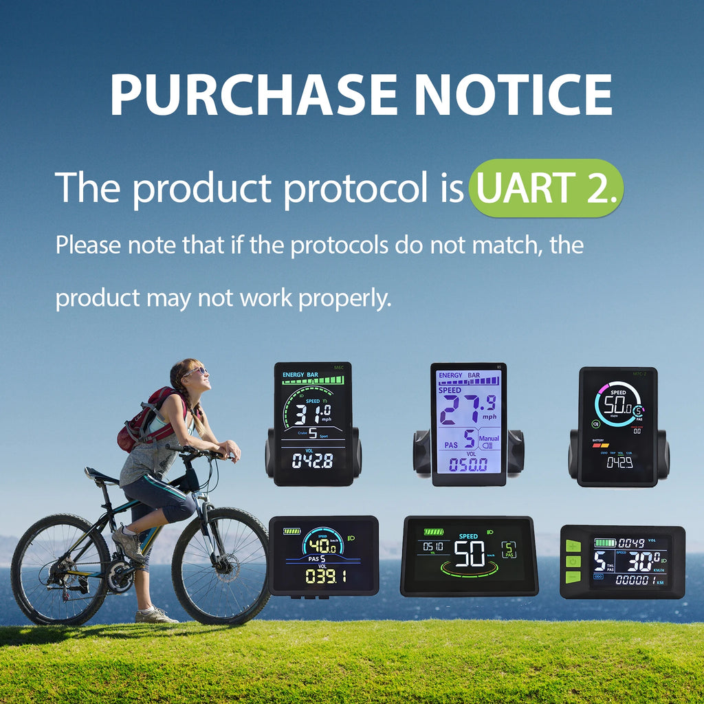 Black electric bike display units with digital screens, showing speed and battery metrics against a blue sky background.