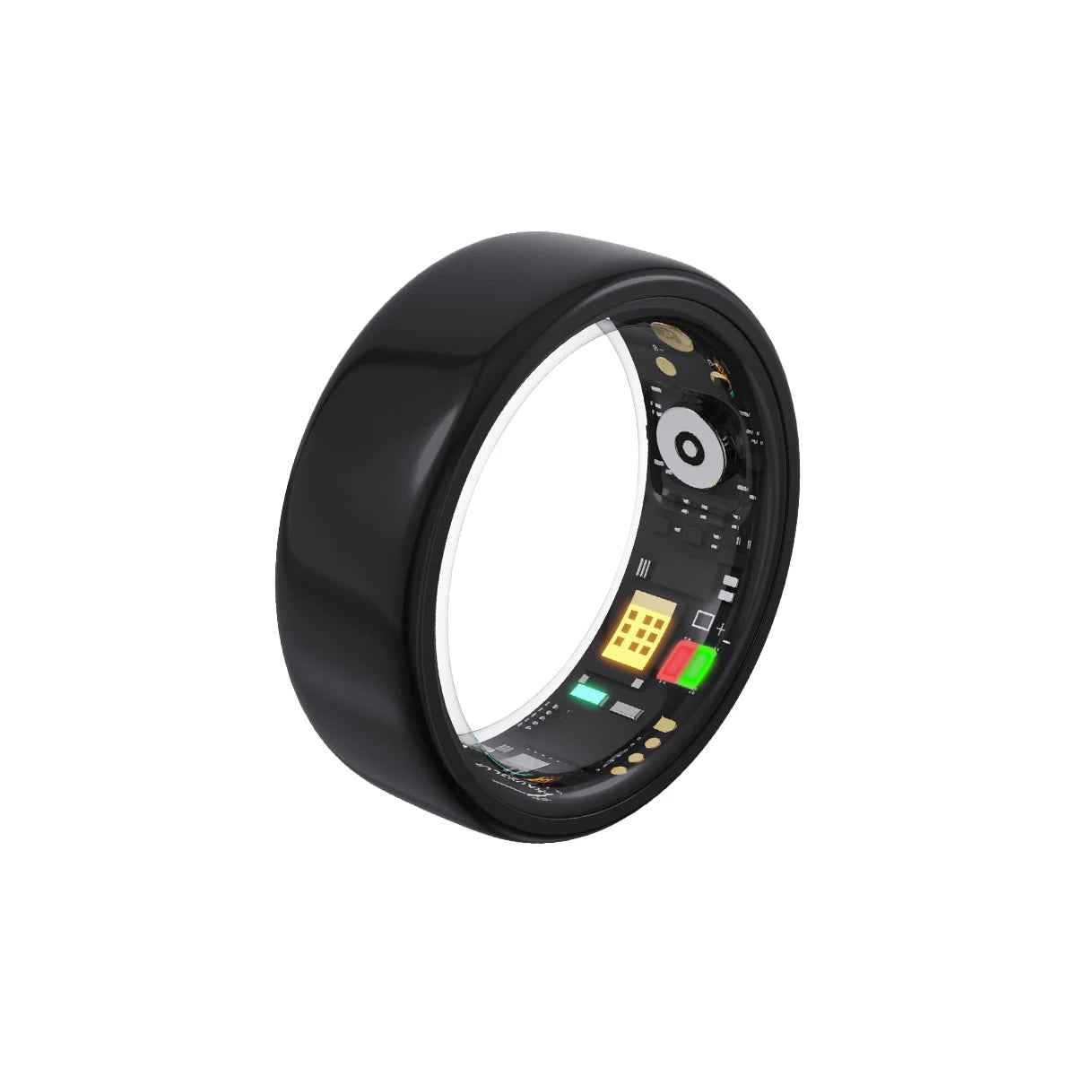 Sleek, black smart health and sleep tracking ring with visible internal sensors and light indicators.