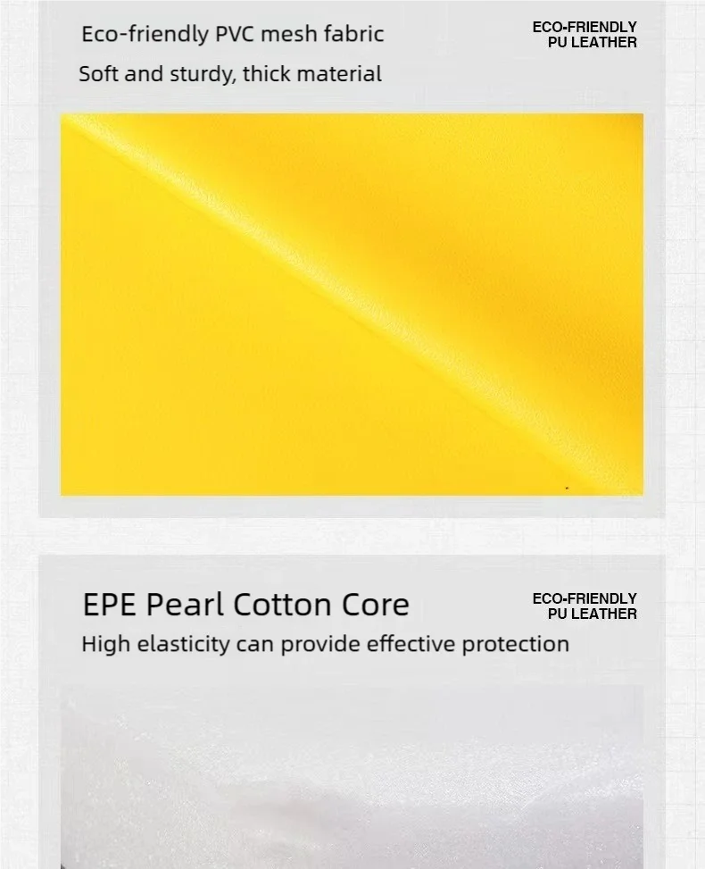 Close-up showing bright yellow, durable PU leather surface and a white, high-density foam core for gymnastics mats.