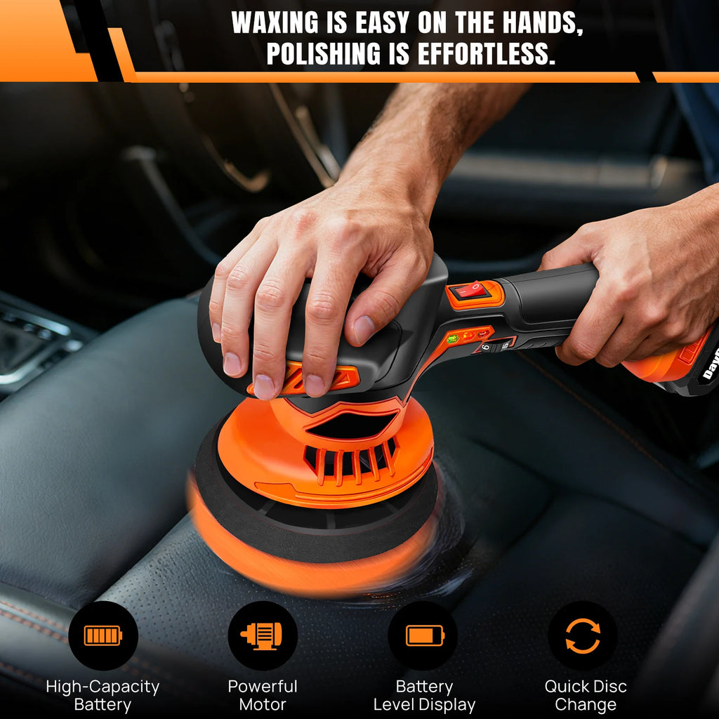Black and orange cordless car polisher buffing a leather car seat.