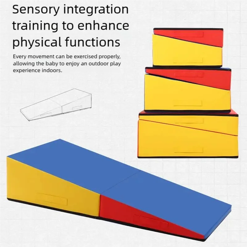 Red, yellow and blue foldable gymnastics wedge mat for training and tumbling, shown open and folded for storage.