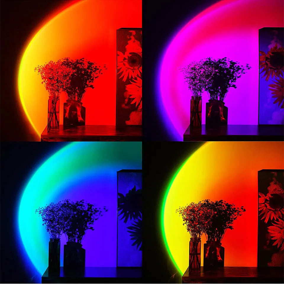 Four views of a smart LED lamp projecting vibrant sunset, pink, blue, and rainbow gradients onto a wall behind flowers.