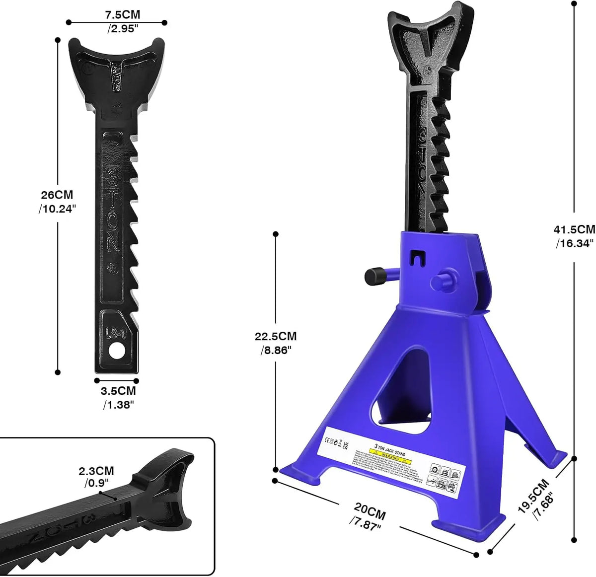 Blue heavy-duty 3-ton ratchet jack stand with black serrated post and dimension callouts.
