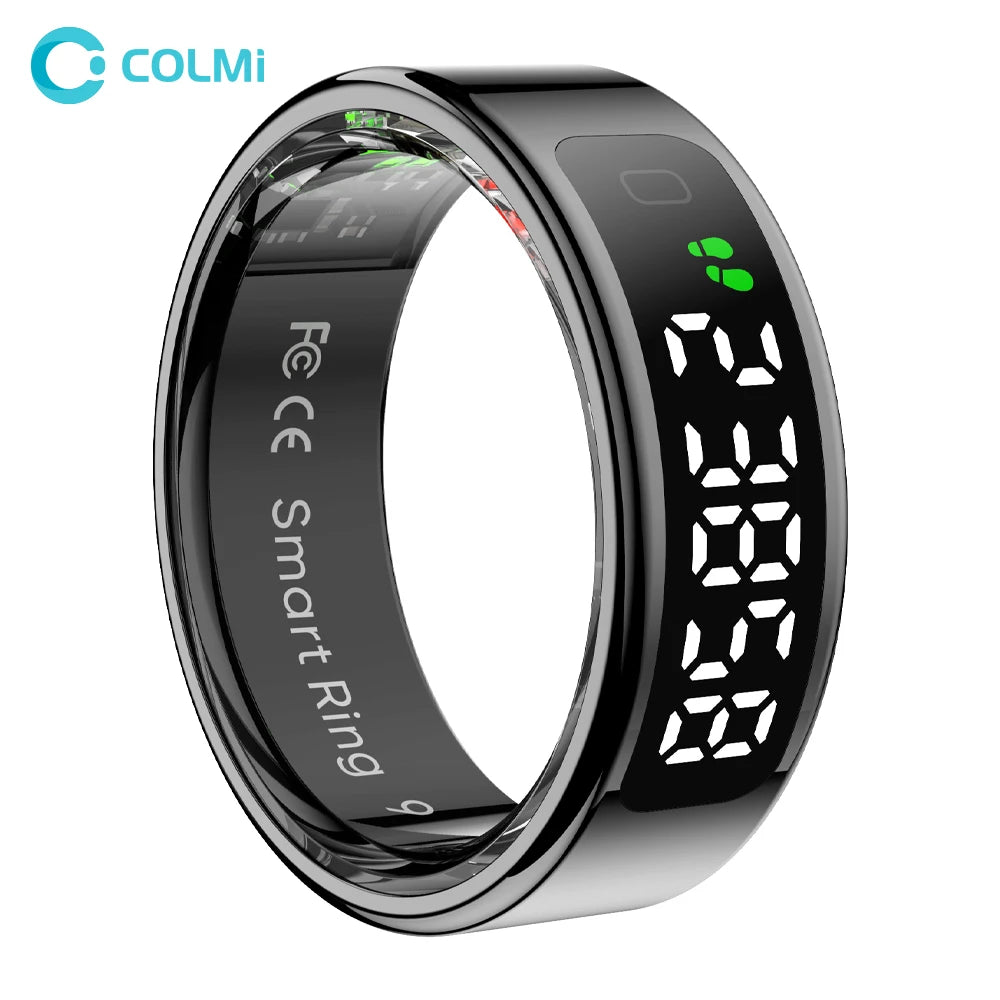 Sleek black smart ring with a digital display showing step count and health tracking icons.