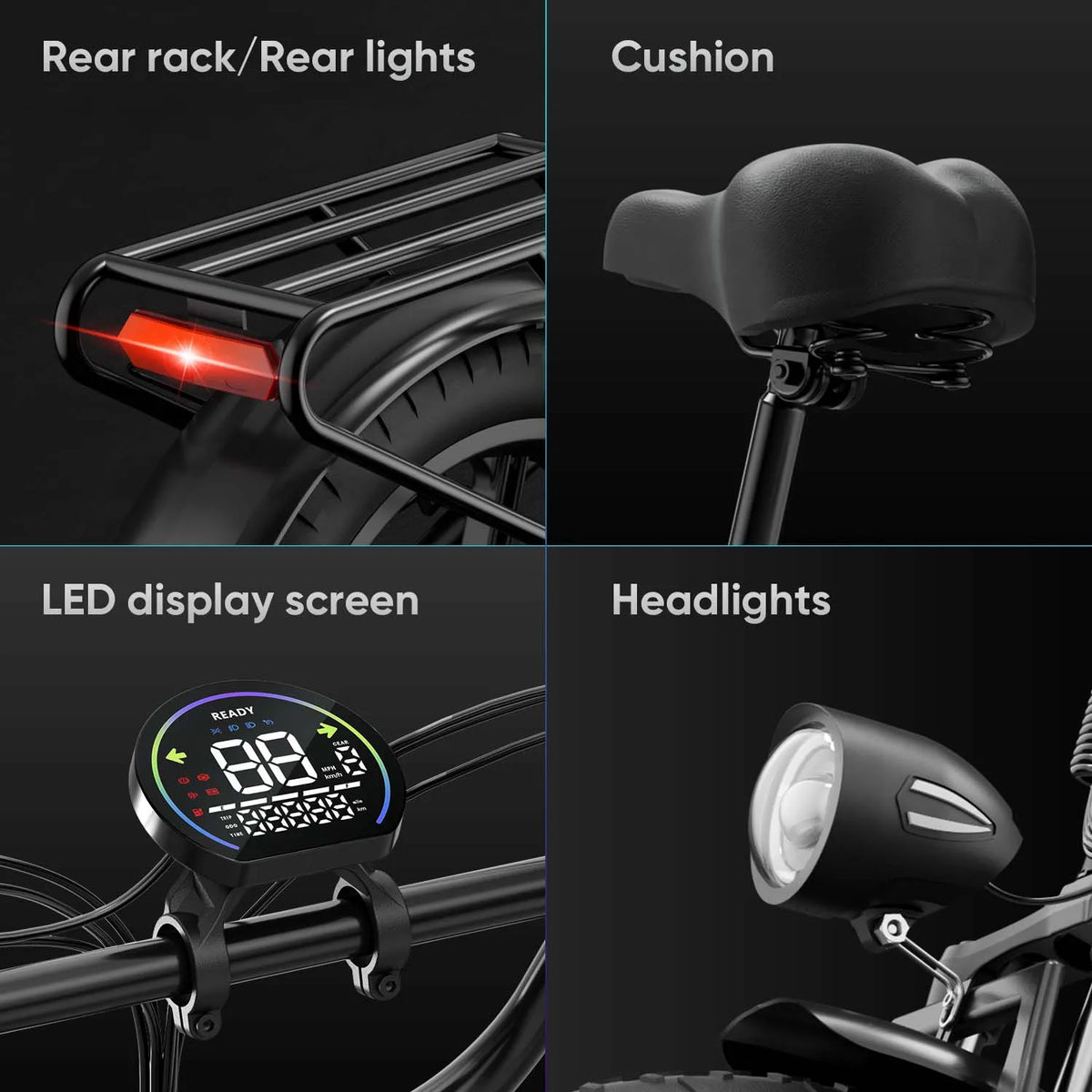 Four-panel detail of Urlife electric mountain bike showing black rear rack with light, padded seat, LED display, and headlight.