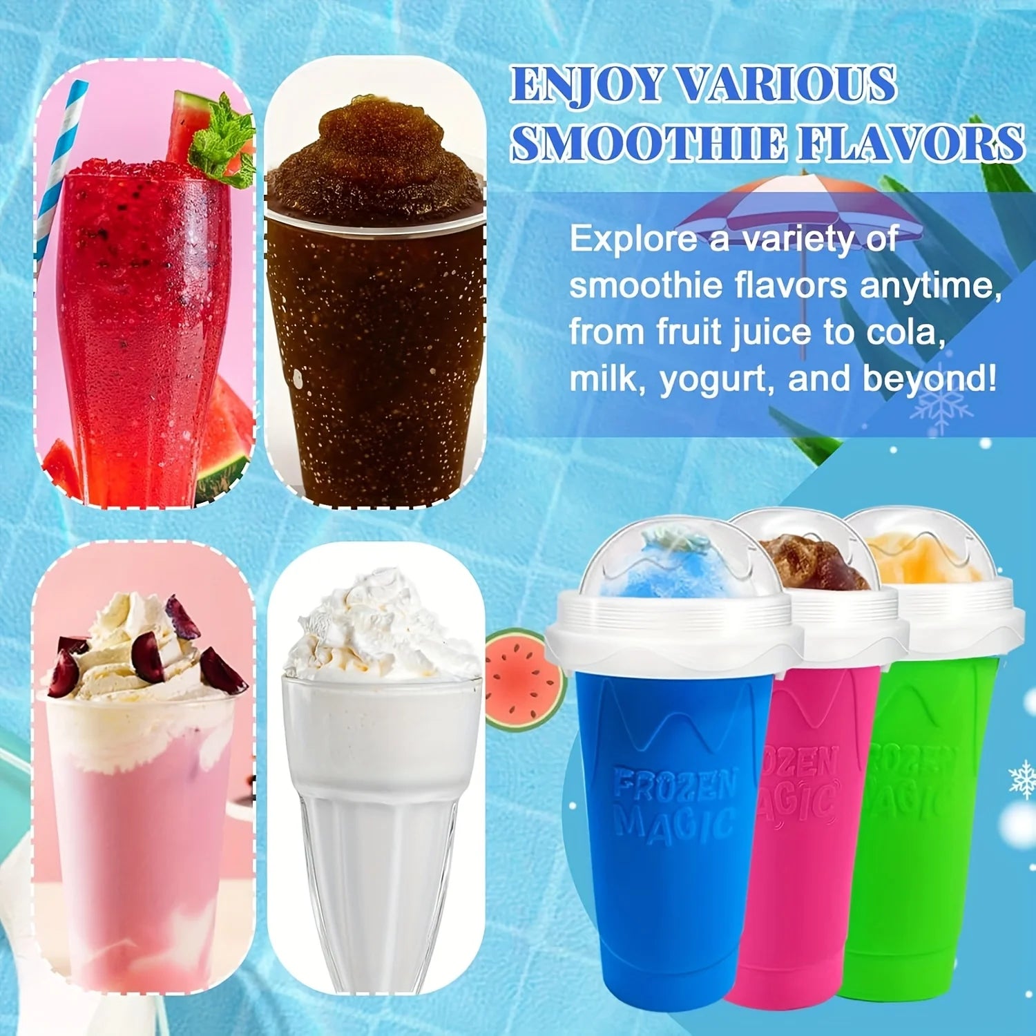 Three colourful blue, pink, and green slushy maker squeeze cups with lids, alongside various iced smoothie drinks.
