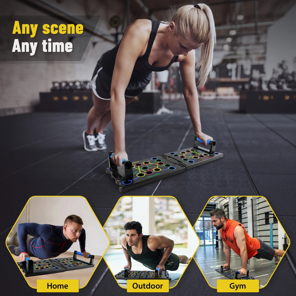 Black foldable push-up board with blue handles, featuring color-coded workout slots and resistance rope attachments.